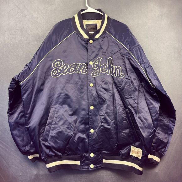 Vintage Sean John Bomber Jacket 2XL Blue Satin Snap Varsity